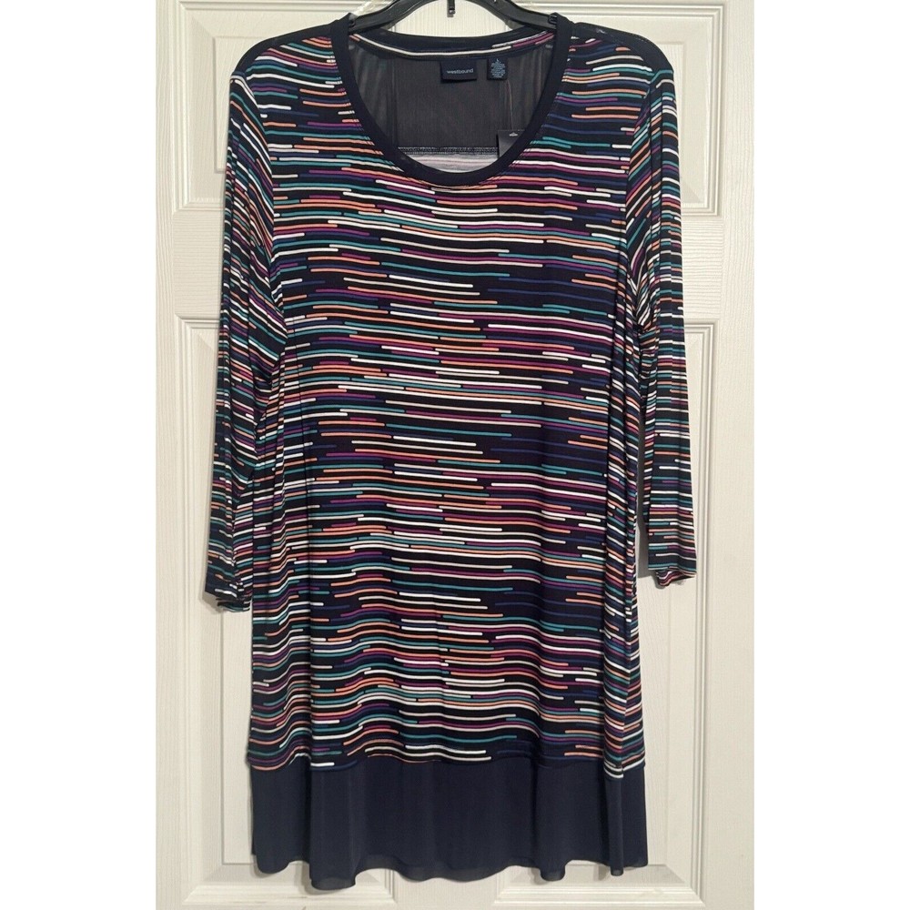 Westbound Black Rainbow Striped 3/4 Sleeve Sheer Trim Tunic Blouse Size L